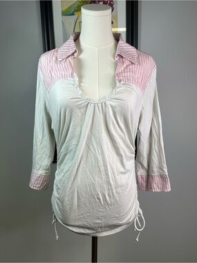 Maeve Anthropologie Collared Scoop Neck Top L Striped Ruched Tie Sides